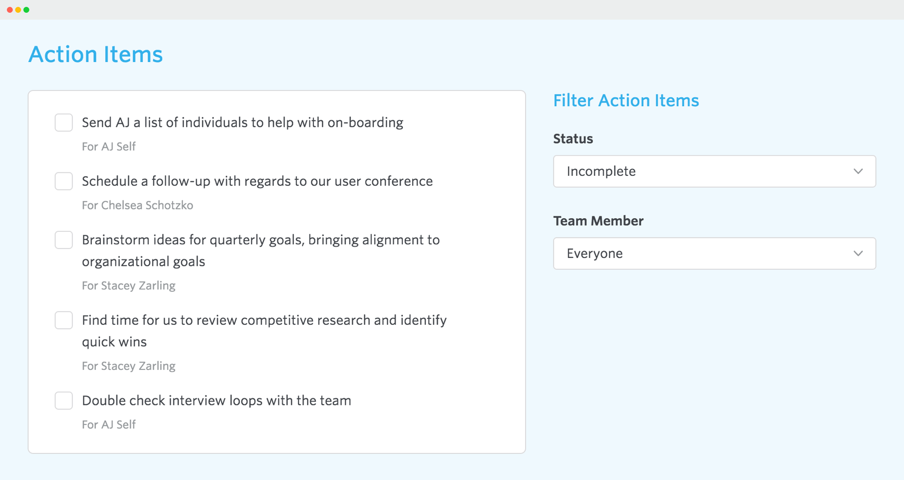Lead Honestly Action Items dashboard team to-dos