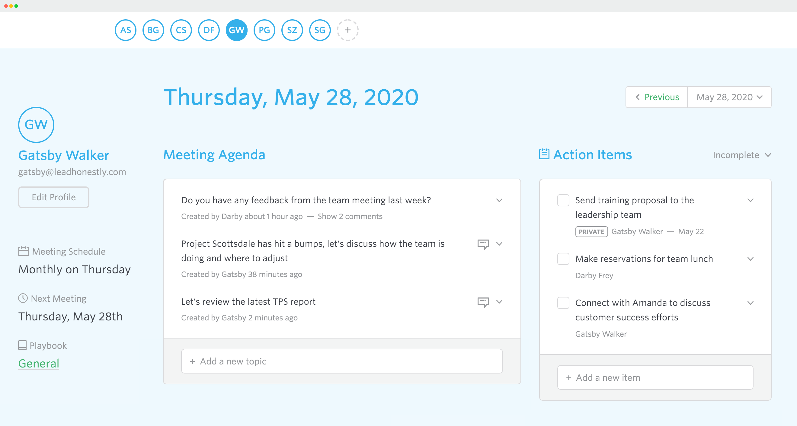 Employee profile with a Meeting Agenda and Action Items