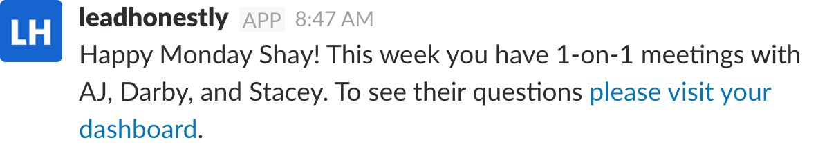 Lead Honestly for Slack manager meeting digest message