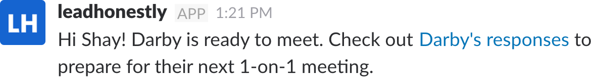 Lead Honestly for Slack manager meeting notification message