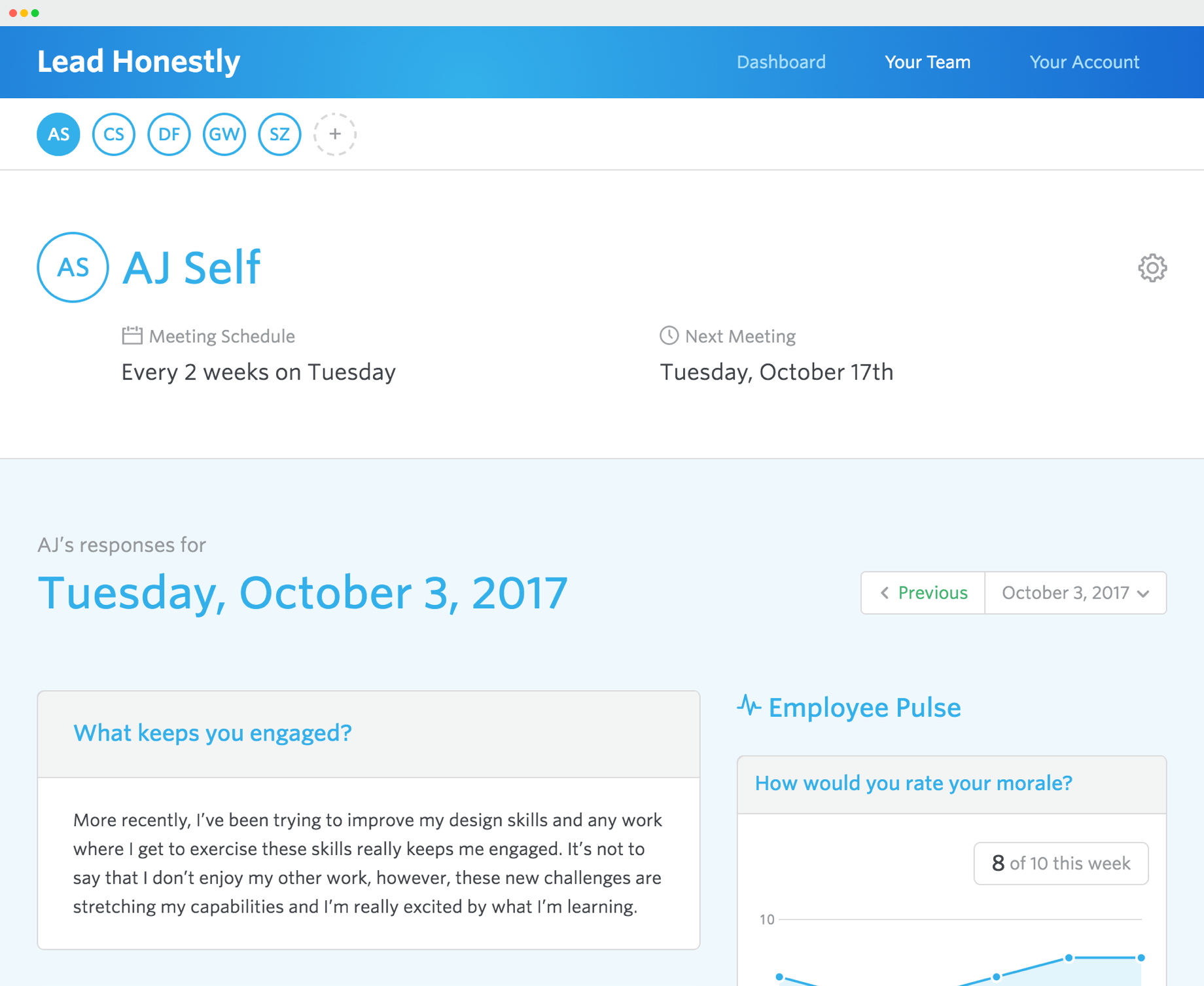 Lead Honestly team member 1-on-1 meeting view