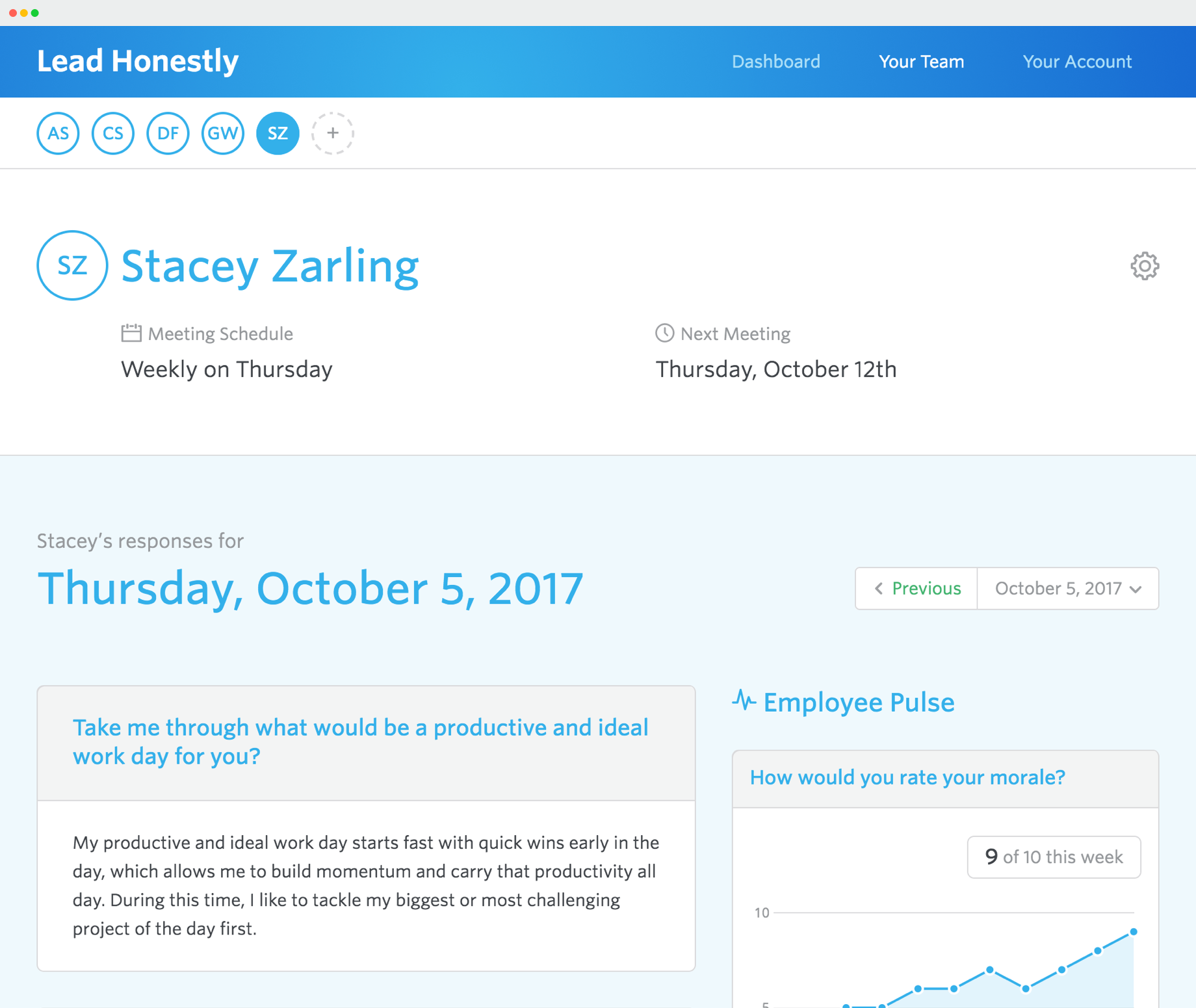 Lead Honestly team member 1-on-1 meeting view